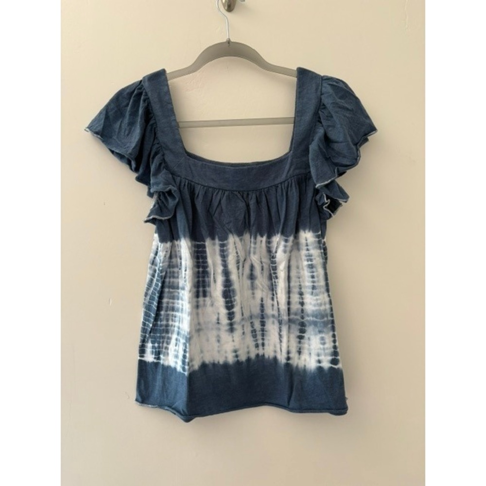 Chaser Tie Dye Flutter Sleeve Square Neck Top Indigo White Small NWT